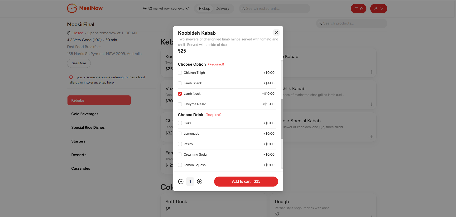 Product basket modal